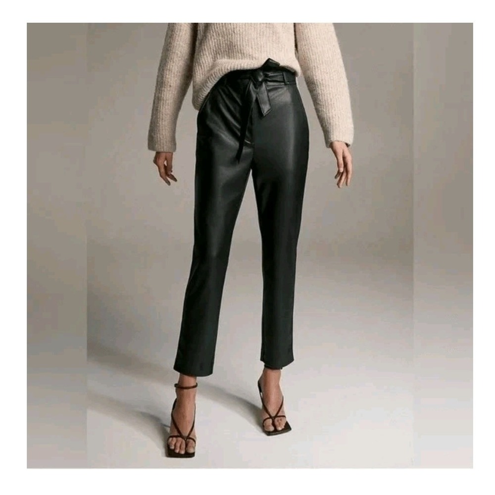 Babaton Aritzia Vegan Leather Tie-Waist Tapered Pants Black Women's Size 10 - Picture 4 of 12
